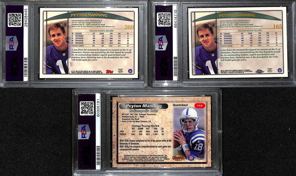 Lot of (3) PSA Graded Peyton Manning 1998 Rookie Cards- Topps Chrome (PSA 8), Topps (PSA 9), Bowman's Best (PSA 8)