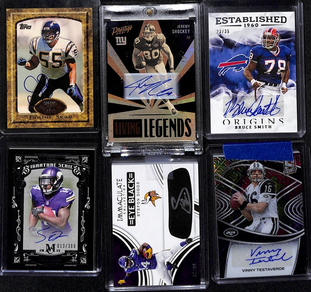 Lot of (27+) Autographed Football Cards w. Junior Seau, (2) Stefon Diggs, Bruce Smith #d /35, Jeremy Shockey #d 1/1, Others