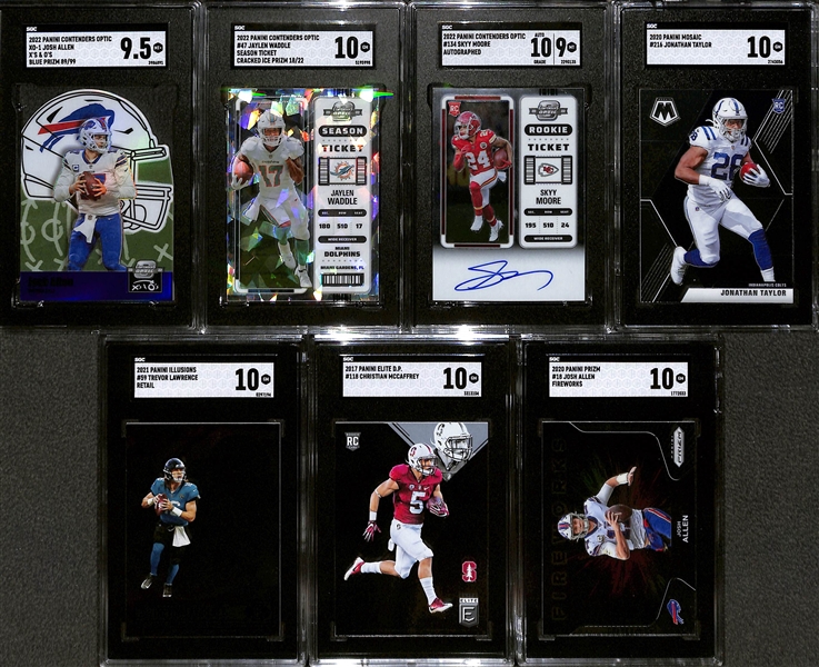 Lot of (7) SGC Graded Football Cards Inc. 2022 Contenders Optic Jaylen Waddle Cracked Ice RC #d /22 ( SGC 10), 2022 Contenders Optic Xs and Os Josh Allen #d /99 (SGC 9.5), More