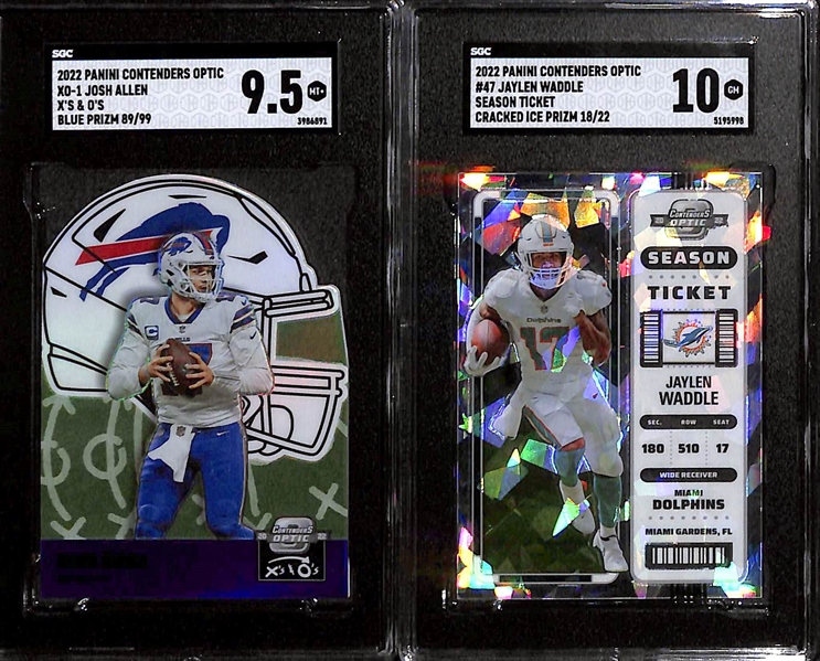 Lot of (7) SGC Graded Football Cards Inc. 2022 Contenders Optic Jaylen Waddle Cracked Ice RC #d /22 ( SGC 10), 2022 Contenders Optic Xs and Os Josh Allen #d /99 (SGC 9.5), More