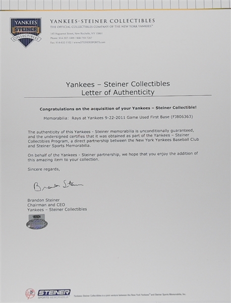 Yankees Game Used First Base from the Rays @ Yankees 9/22/11- Steiner COA