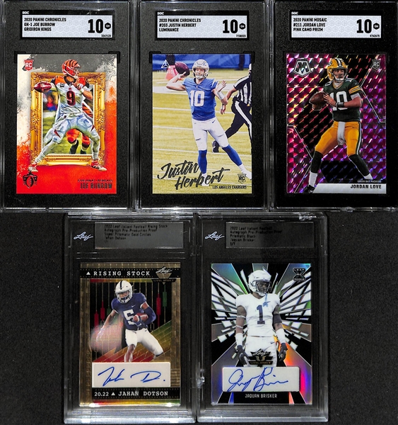 Lot of (30) Rookies and Stars Inserts and Numbered Cards w. 2020 Chronicles Joe Burrow Graded SGC 10, 2020 Chronicles Justin Herbert SGC 10, 2020 Mosaic Pink Camo Prizm Jordan Love SGC 10, and Much...