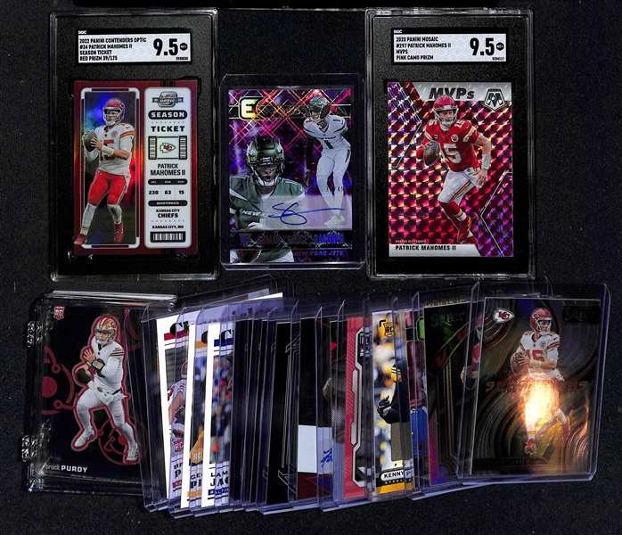 Lot of (25) Modern Football Cards w. 2022 Contenders Optic Patrick Mahomes Season Ticket Red #d /175 Graded SGC 9.5, 2022 Chronicles Sauce Gardner Autographed #d /49, and More