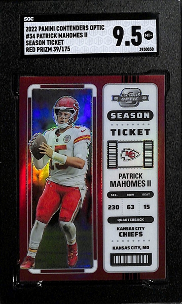 Lot of (25) Modern Football Cards w. 2022 Contenders Optic Patrick Mahomes Season Ticket Red #d /175 Graded SGC 9.5, 2022 Chronicles Sauce Gardner Autographed #d /49, and More