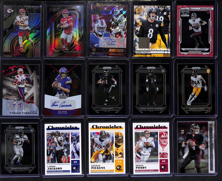 Lot of (25) Modern Football Cards w. 2022 Contenders Optic Patrick Mahomes Season Ticket Red #d /175 Graded SGC 9.5, 2022 Chronicles Sauce Gardner Autographed #d /49, and More