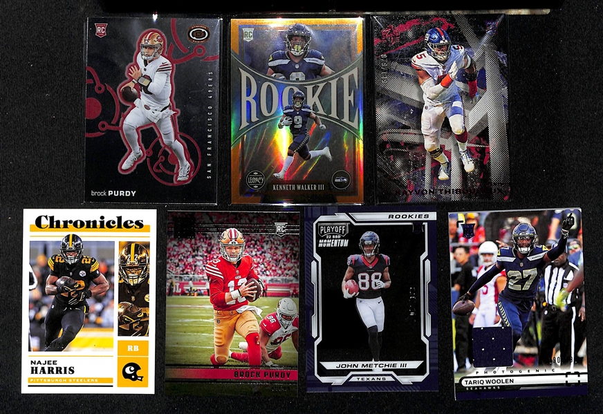 Lot of (25) Modern Football Cards w. 2022 Contenders Optic Patrick Mahomes Season Ticket Red #d /175 Graded SGC 9.5, 2022 Chronicles Sauce Gardner Autographed #d /49, and More