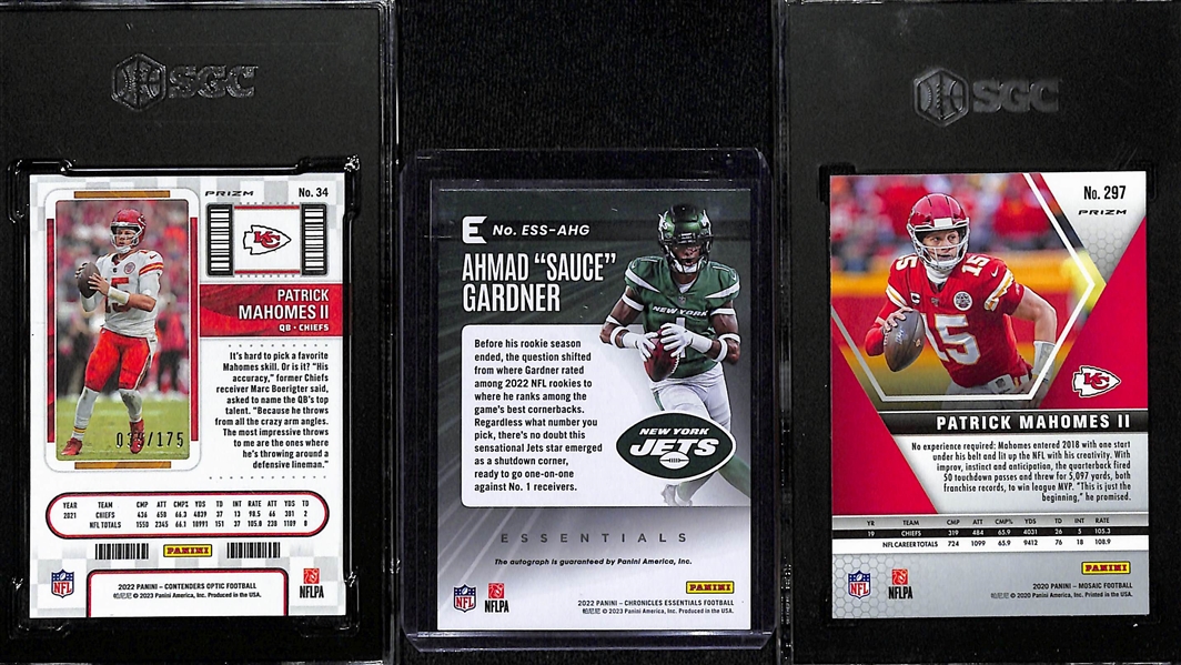 Lot of (25) Modern Football Cards w. 2022 Contenders Optic Patrick Mahomes Season Ticket Red #d /175 Graded SGC 9.5, 2022 Chronicles Sauce Gardner Autographed #d /49, and More