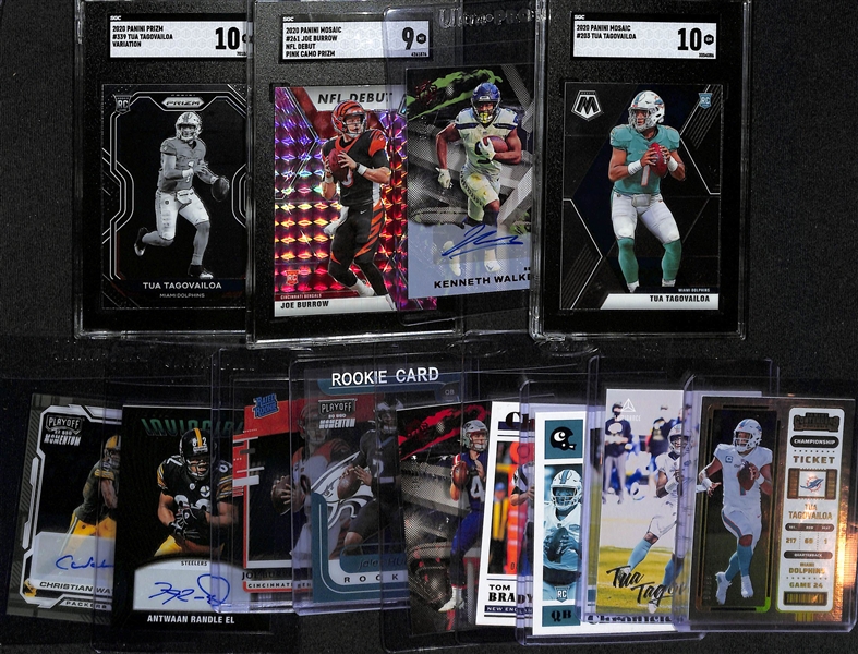 Lot of (13) Football Rookie Lot w. 2020 Prizm Tua Tagovailoa Variation Graded SGC 10, 2020 Joe Burrow NFL Debut Pink Camo SGC 9, Kenneth Walker Autograph #d/99 and More