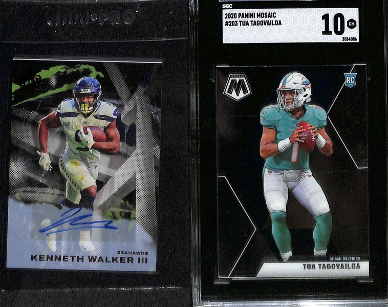 Lot of (13) Football Rookie Lot w. 2020 Prizm Tua Tagovailoa Variation Graded SGC 10, 2020 Joe Burrow NFL Debut Pink Camo SGC 9, Kenneth Walker Autograph #d/99 and More