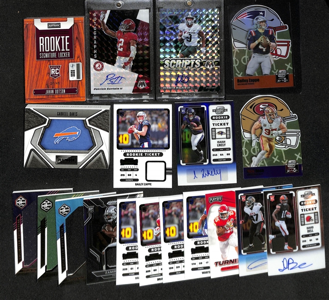 Lot of (15+) 2022 NFL Rookies, Autographs and Patch Inserts w. 2022 Playbook  Rookie Signature Locker Jahan Dotson #d /49, 2021 Mosaic Draft Picks Patrick Surtain II Autograph 1/1, and More