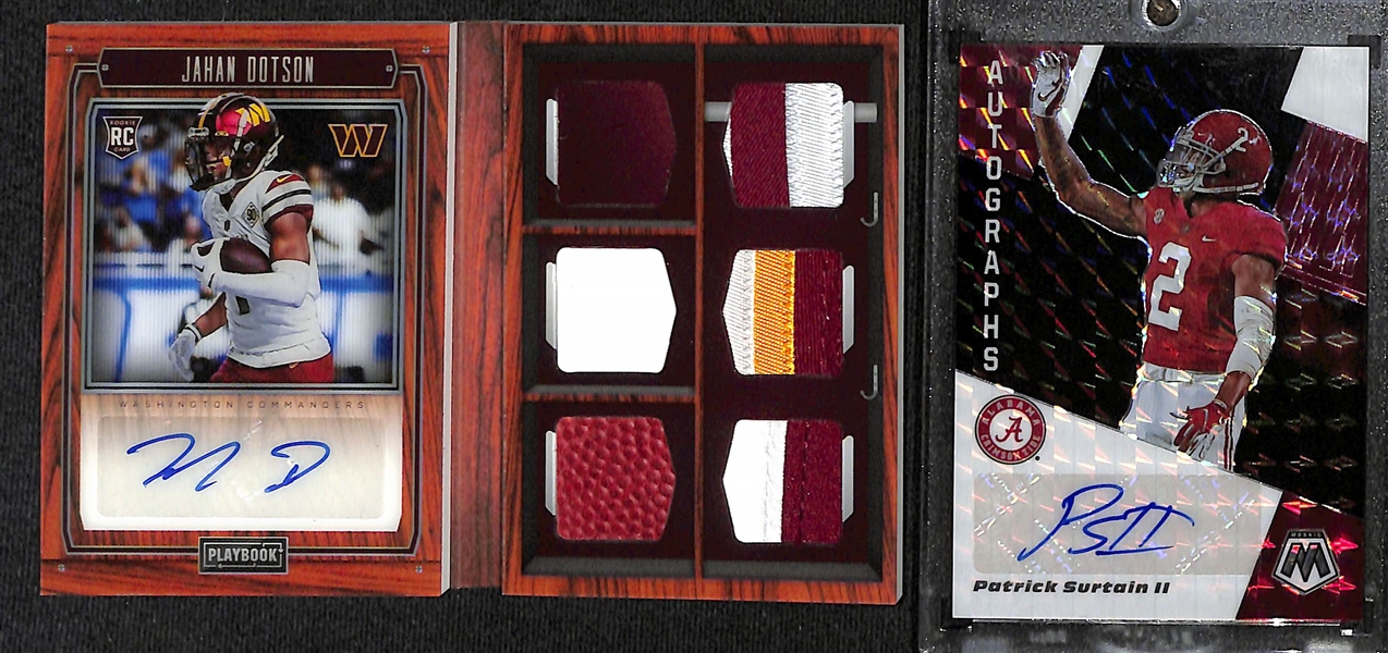 Lot of (15+) 2022 NFL Rookies, Autographs and Patch Inserts w. 2022 Playbook  Rookie Signature Locker Jahan Dotson #d /49, 2021 Mosaic Draft Picks Patrick Surtain II Autograph 1/1, and More