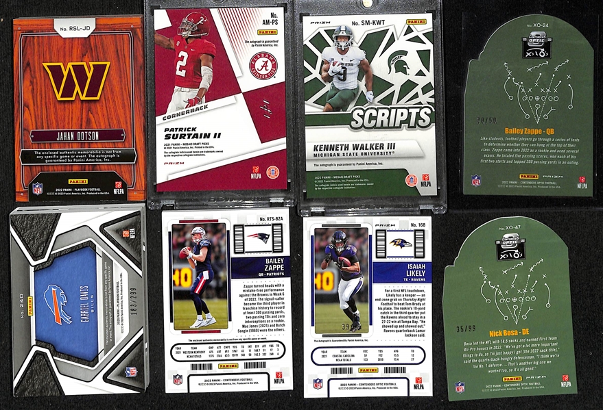 Lot of (15+) 2022 NFL Rookies, Autographs and Patch Inserts w. 2022 Playbook  Rookie Signature Locker Jahan Dotson #d /49, 2021 Mosaic Draft Picks Patrick Surtain II Autograph 1/1, and More