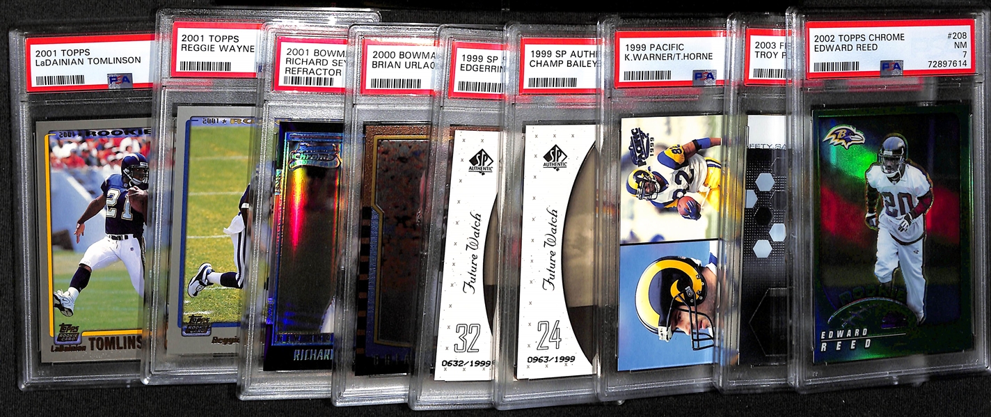 (9) PSA Graded Football HOF Rookies w. Ed Reed Refractor (PSA 7), Troy Polamalu (PSA 9), Kurt Warner (PSA 5), Champ Bailey (#/1999) (PSA 8), Edgerrin James (#/1999) (PSA 8), +