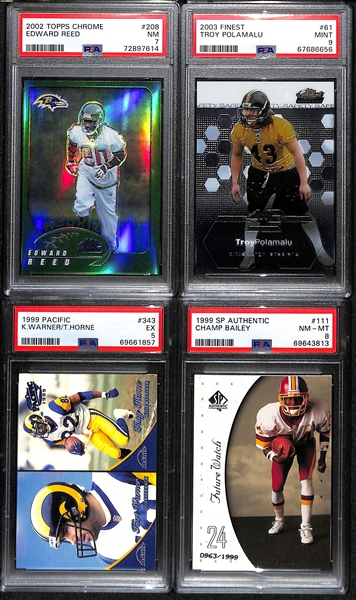 (9) PSA Graded Football HOF Rookies w. Ed Reed Refractor (PSA 7), Troy Polamalu (PSA 9), Kurt Warner (PSA 5), Champ Bailey (#/1999) (PSA 8), Edgerrin James (#/1999) (PSA 8), +