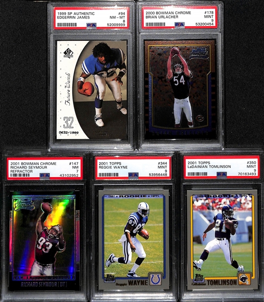 (9) PSA Graded Football HOF Rookies w. Ed Reed Refractor (PSA 7), Troy Polamalu (PSA 9), Kurt Warner (PSA 5), Champ Bailey (#/1999) (PSA 8), Edgerrin James (#/1999) (PSA 8), +