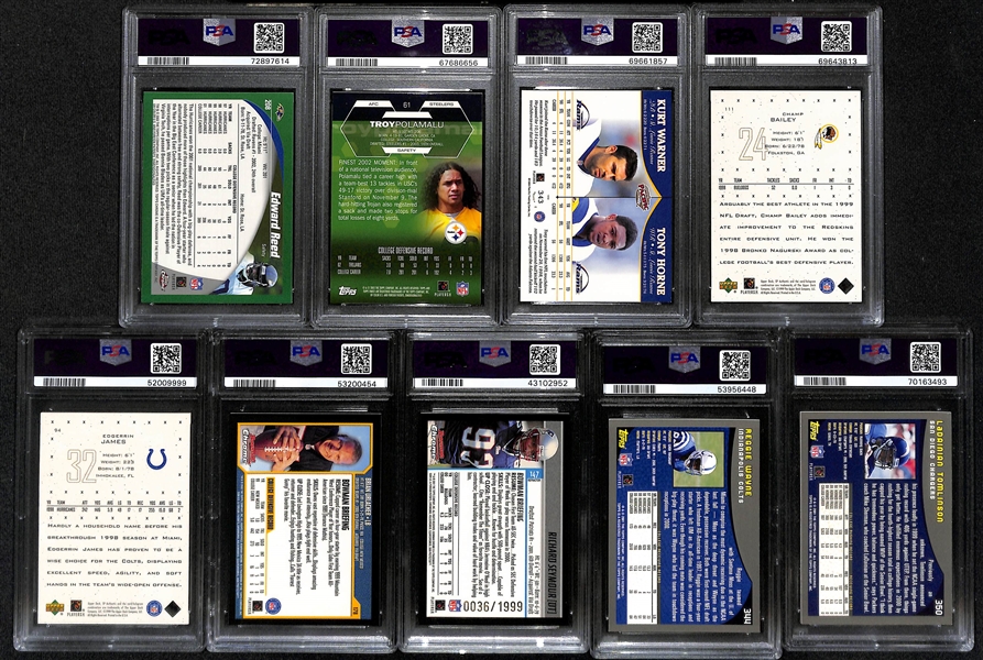 (9) PSA Graded Football HOF Rookies w. Ed Reed Refractor (PSA 7), Troy Polamalu (PSA 9), Kurt Warner (PSA 5), Champ Bailey (#/1999) (PSA 8), Edgerrin James (#/1999) (PSA 8), +