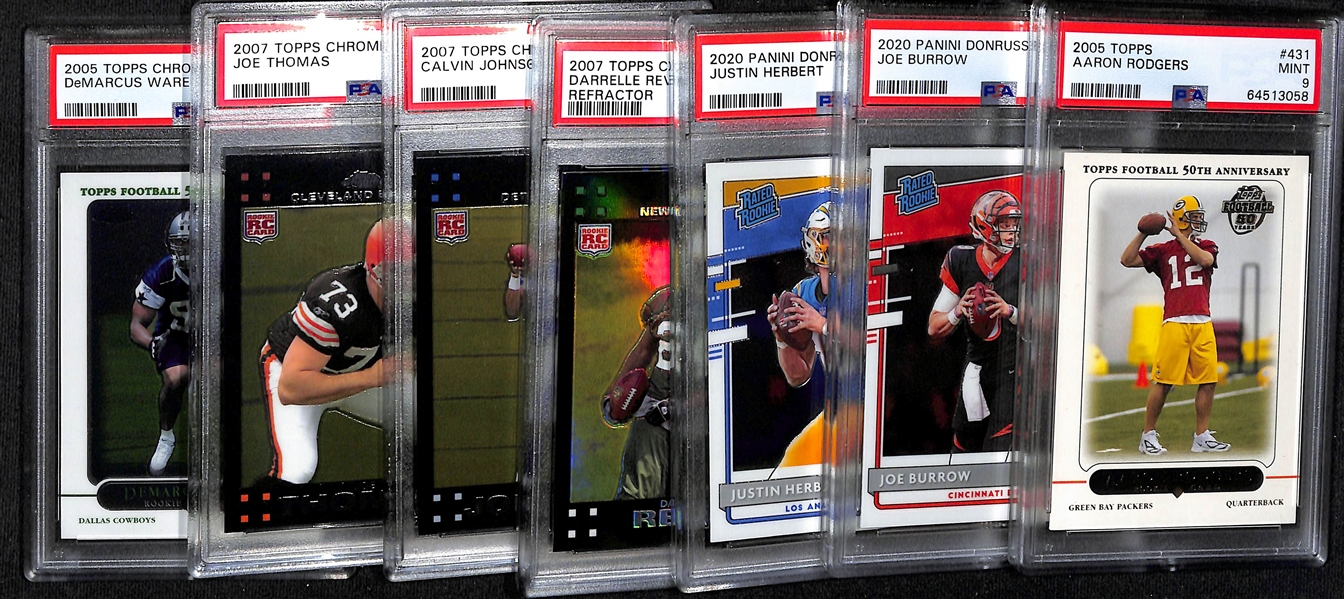 (7) PSA Graded Football Star/HOF Rookies- 2005 Topps Aaron Rodgers (PSA 9), 2020 Optic Joe Burrow (PSA 8), 2020 Optic Justin Herbert (PSA 9), Darrelle Revis (PSA 8), Calvin Johnson (PSA 9), +