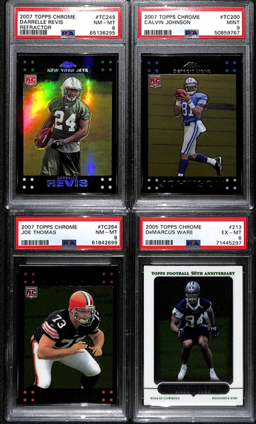 (7) PSA Graded Football Star/HOF Rookies- 2005 Topps Aaron Rodgers (PSA 9), 2020 Optic Joe Burrow (PSA 8), 2020 Optic Justin Herbert (PSA 9), Darrelle Revis (PSA 8), Calvin Johnson (PSA 9), +