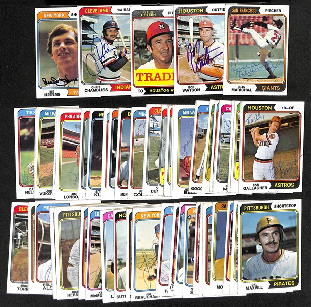 Lot of (69) Signed 1974 Topps Baseball Cards w. Juan Marichal, Bob Watson, Claude Osteen, Chris Chambliss, and Bud Harrelson, + (Inc. JSA Auction Letter)