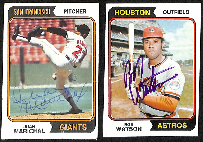 Lot of (69) Signed 1974 Topps Baseball Cards w. Juan Marichal, Bob Watson, Claude Osteen, Chris Chambliss, and Bud Harrelson, + (Inc. JSA Auction Letter)