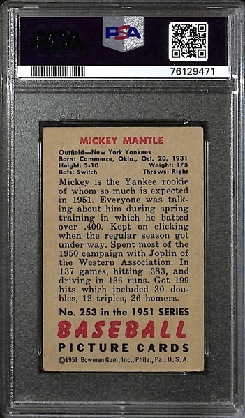 1951 Bowman Mickey Mantle #253 Rookie Card Graded PSA 3 VG (Nicely Centered w/ Great Eye Appeal)