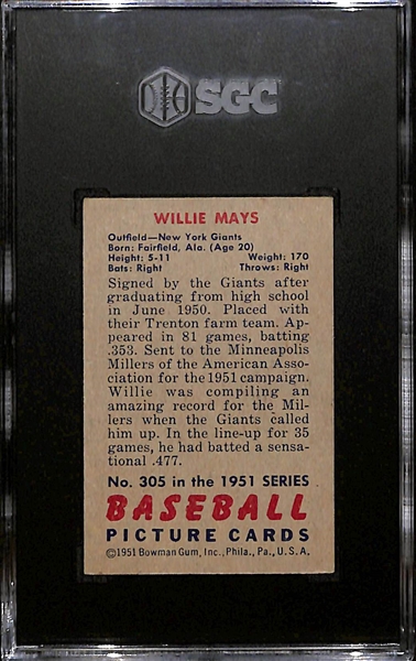 1951 Bowman Willie Mays #305 Rookie Card Graded SGC 4.5 VG-EX+