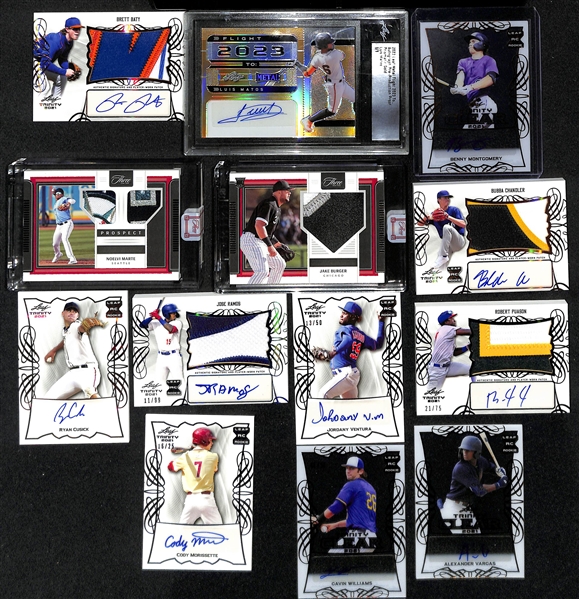 Lot of (13) Baseball Autographs and Patches w. 2021 Leaf Trinity Brett Baty Patch Auto, 2022 Leaf Metal Luis Matos Gold #d 1/1, and More