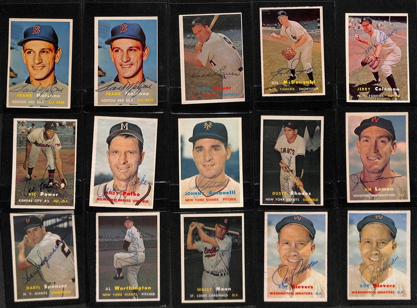 Lot of (169) High-Quality Signed 1957 Topps Cards (With Duplicates) w. (2) Erskine, (2) Burgess, Skowron, Adcock, Virdon,  + (JSA Auction Letter)