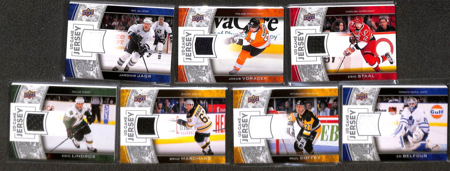 Lot of (60) 2013-14 Upper Deck Hockey UD Game Jersey Cards Including Eric Lindros, Brad Marchand, Jaromir Jagr, Paul Coffey, Eric Staal, Jakub Voracek, Ed Belfour, +