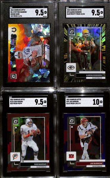 2022 Donruss Optic QB Prizm Insert Lot w. Peyton Manning Ice Prizm (#/25), Aaron Rodgers Electricity (#/65), Joe Burrow Blue (#/179) SGC 10 , Dan Marino (#/99) SGC 9.5