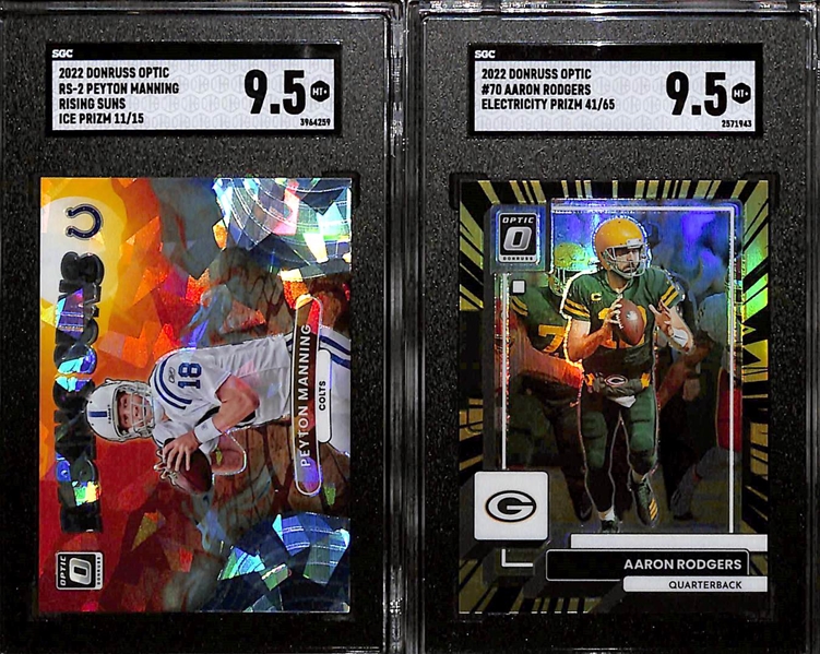 2022 Donruss Optic QB Prizm Insert Lot w. Peyton Manning Ice Prizm (#/25), Aaron Rodgers Electricity (#/65), Joe Burrow Blue (#/179) SGC 10 , Dan Marino (#/99) SGC 9.5