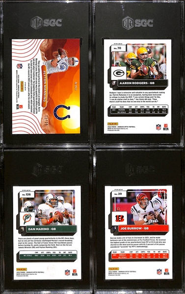 2022 Donruss Optic QB Prizm Insert Lot w. Peyton Manning Ice Prizm (#/25), Aaron Rodgers Electricity (#/65), Joe Burrow Blue (#/179) SGC 10 , Dan Marino (#/99) SGC 9.5