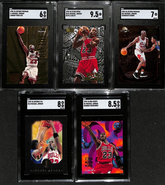 Lot of (5) 1995-96 Graded Michael Jordan Basketball Insert Cards w. Skybox Premium Michael Jordan Larger Than Life SGC 6