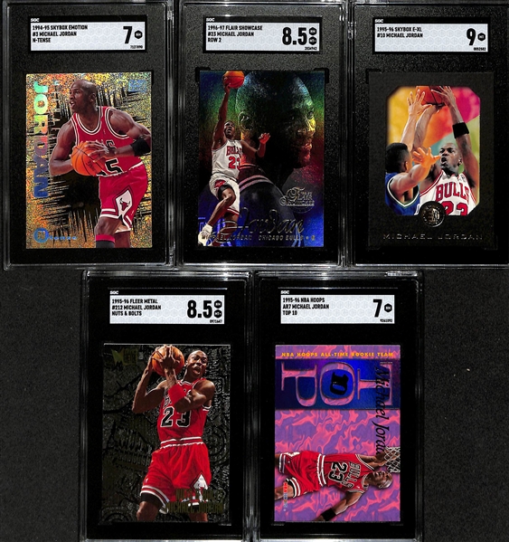 Lot of (5) 1994-1997 Graded Michael Jordan Insert Cards w. 1994-95 Skybox Emotion Michael Jordan N-Tense SGC 7