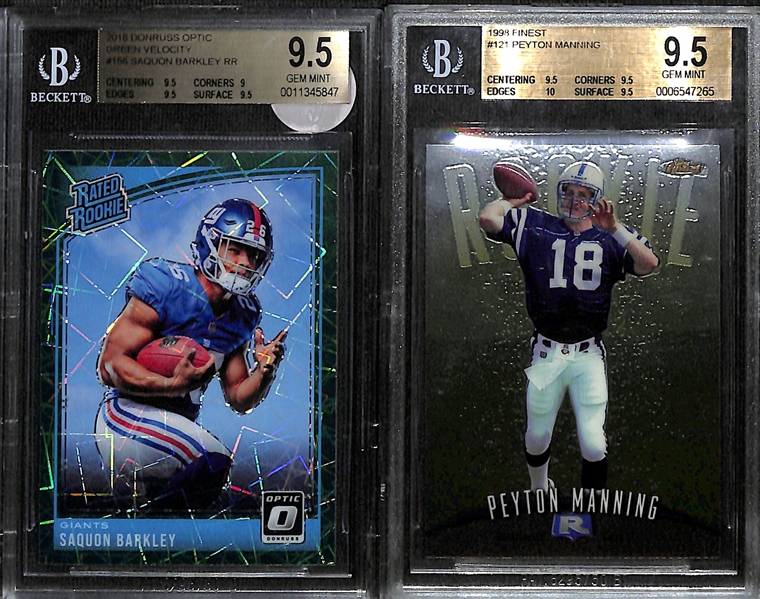 Lot of (2) NFL Superstar BGS Graded Rookie Cards inc. 2018 Donruss Optic Saquon Barkley Green Velocity (BGS 9.5), 1999 Topps Finest Peyton Manning (BGS 9.5)