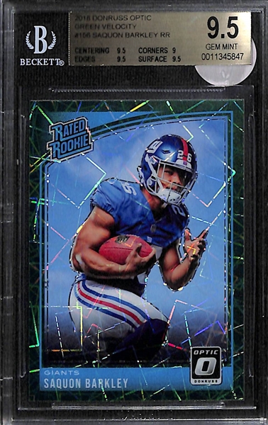 Lot of (2) NFL Superstar BGS Graded Rookie Cards inc. 2018 Donruss Optic Saquon Barkley Green Velocity (BGS 9.5), 1999 Topps Finest Peyton Manning (BGS 9.5)