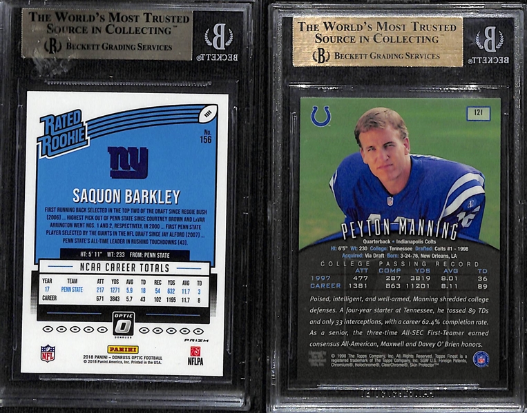 Lot of (2) NFL Superstar BGS Graded Rookie Cards inc. 2018 Donruss Optic Saquon Barkley Green Velocity (BGS 9.5), 1999 Topps Finest Peyton Manning (BGS 9.5)