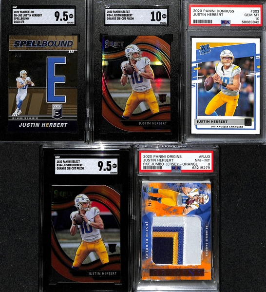 Lot of (5) Justin Herbert Graded Rookie and Short Print Cards inc. 2022 Elite Spellbound Gold E (#/5) (SGC 9.5), 2020 Select Orange Die Cut Field Level Rookie (SGC 10), 2020 Donruss Rated Rookie...