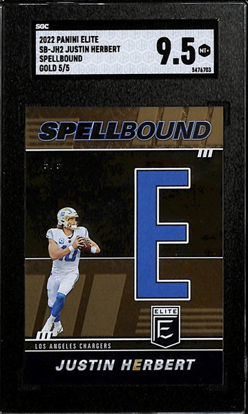 Lot of (5) Justin Herbert Graded Rookie and Short Print Cards inc. 2022 Elite Spellbound Gold E (#/5) (SGC 9.5), 2020 Select Orange Die Cut Field Level Rookie (SGC 10), 2020 Donruss Rated Rookie...