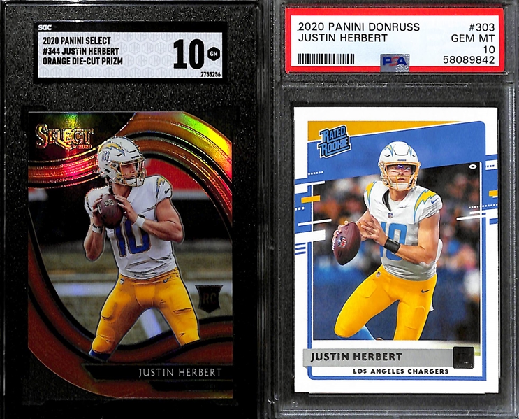 Lot of (5) Justin Herbert Graded Rookie and Short Print Cards inc. 2022 Elite Spellbound Gold E (#/5) (SGC 9.5), 2020 Select Orange Die Cut Field Level Rookie (SGC 10), 2020 Donruss Rated Rookie...