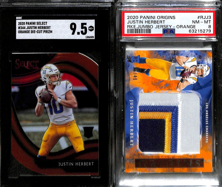 Lot of (5) Justin Herbert Graded Rookie and Short Print Cards inc. 2022 Elite Spellbound Gold E (#/5) (SGC 9.5), 2020 Select Orange Die Cut Field Level Rookie (SGC 10), 2020 Donruss Rated Rookie...