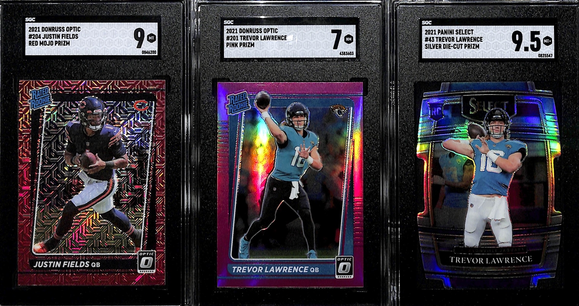 Lot of (3) 2021 Rookie Quarterback SGC Graded Cards inc. Donruss Optic Justin Fields Red Mojo (SGC 9), Donruss Optic Trevor Lawrence Pink (SGC 7), Select Trevor Lawrence Silver Die Cut (SGC 9.5)