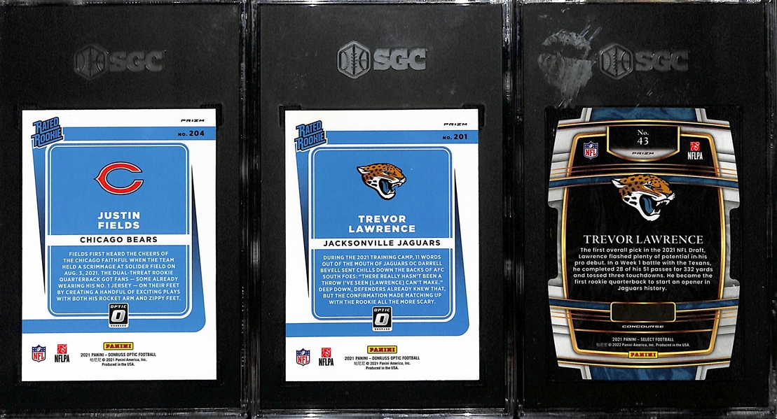 Lot of (3) 2021 Rookie Quarterback SGC Graded Cards inc. Donruss Optic Justin Fields Red Mojo (SGC 9), Donruss Optic Trevor Lawrence Pink (SGC 7), Select Trevor Lawrence Silver Die Cut (SGC 9.5)