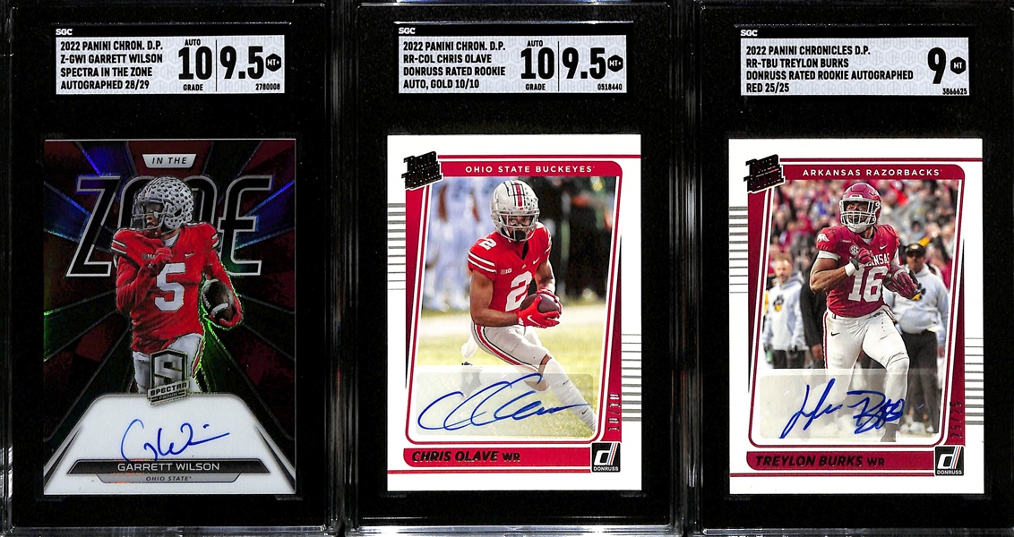 Lot of (3) 2022 Chronicles Draft Picks Wide Receiver SGC Graded Rookie Autographs Inc. Spectra Garrett Wilson In The Zone (#/29) (SGC 9.5) (10 Auto), Donruss Chris Olave Gold (#/10) (SGC 9.5) (10...