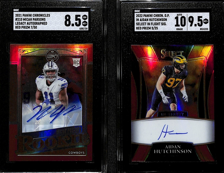 Lot of (2) Superstar Defensive End SGC Graded Rookie Autographs inc. 2021 Chronicles Legacy Micah Parsons Red (SGC 8.5) (#/50), 2022 Chronicles Draft Picks Select Aiden Hutchinson Red (SGC 9.5) (10...