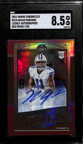 Lot of (2) Superstar Defensive End SGC Graded Rookie Autographs inc. 2021 Chronicles Legacy Micah Parsons Red (SGC 8.5) (#/50), 2022 Chronicles Draft Picks Select Aiden Hutchinson Red (SGC 9.5) (10...