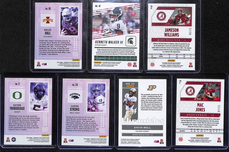 Lot of (7) 2022 Chronicles Draft Picks Cracked Ice First of the Line Exclusive inc. Status Breece Hall Rookie Green (#/6), Prestige Kenneth Walker Rookie (#/11), Phoenix Jameson Williams Rookie...