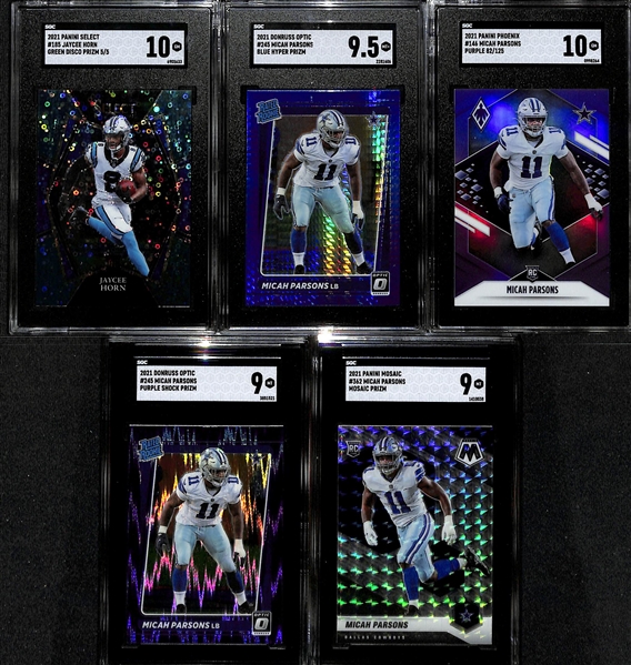 Lot of (5) 2021 Defensive SGC Graded Rookie Cards inc. Select Jaycee Horn Green Disco (SGC 10) (#/5), Donruss Optic Micah Parsons Blue Hyper (SGC 9.5), Phoenix Micah Parsons Purple (SGC 10)...