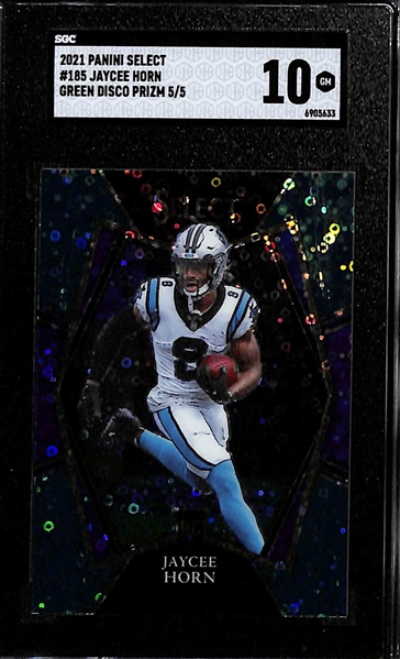 Lot of (5) 2021 Defensive SGC Graded Rookie Cards inc. Select Jaycee Horn Green Disco (SGC 10) (#/5), Donruss Optic Micah Parsons Blue Hyper (SGC 9.5), Phoenix Micah Parsons Purple (SGC 10)...