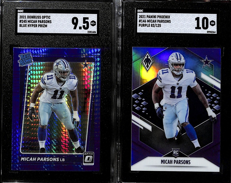 Lot of (5) 2021 Defensive SGC Graded Rookie Cards inc. Select Jaycee Horn Green Disco (SGC 10) (#/5), Donruss Optic Micah Parsons Blue Hyper (SGC 9.5), Phoenix Micah Parsons Purple (SGC 10)...